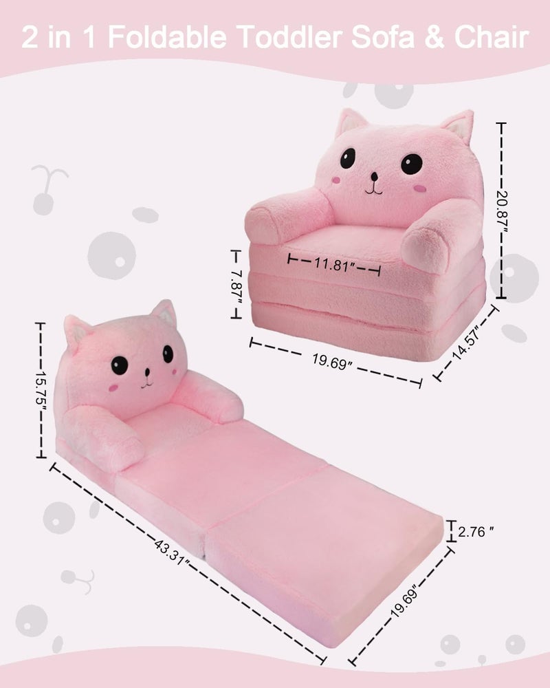 Singda Toddler Chair Toddler Couch: 2-in-1 Kids Chairs Comfy Kids Sofa Fold Out for Girls and Boys 1-3 Years Old, Pink Cat - Image 2